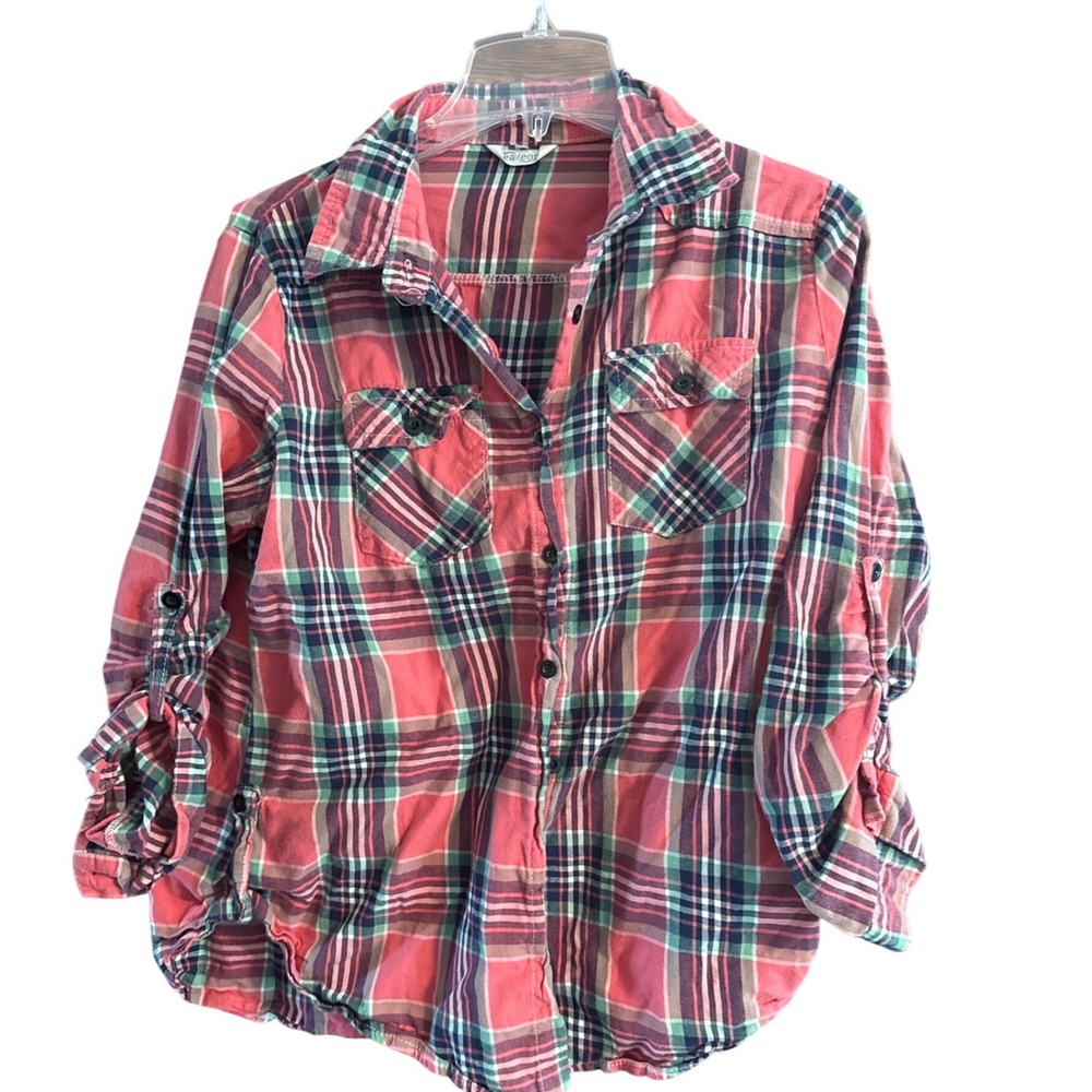 Passport Womens Pink Green Plaid Roll Tab Sleeve Button Down Shirt